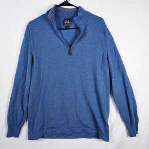 Jos A Bank Traveler Pullover Sweater L Blue 100% Merino Wool Quarter Zip